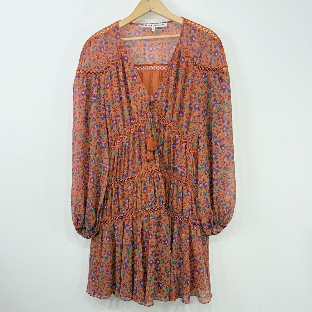 Rebecca Minkoff CADEN Dark Orange Magenta Floral Boho Chic Tiered Peasant Dress - Picture 5 of 16